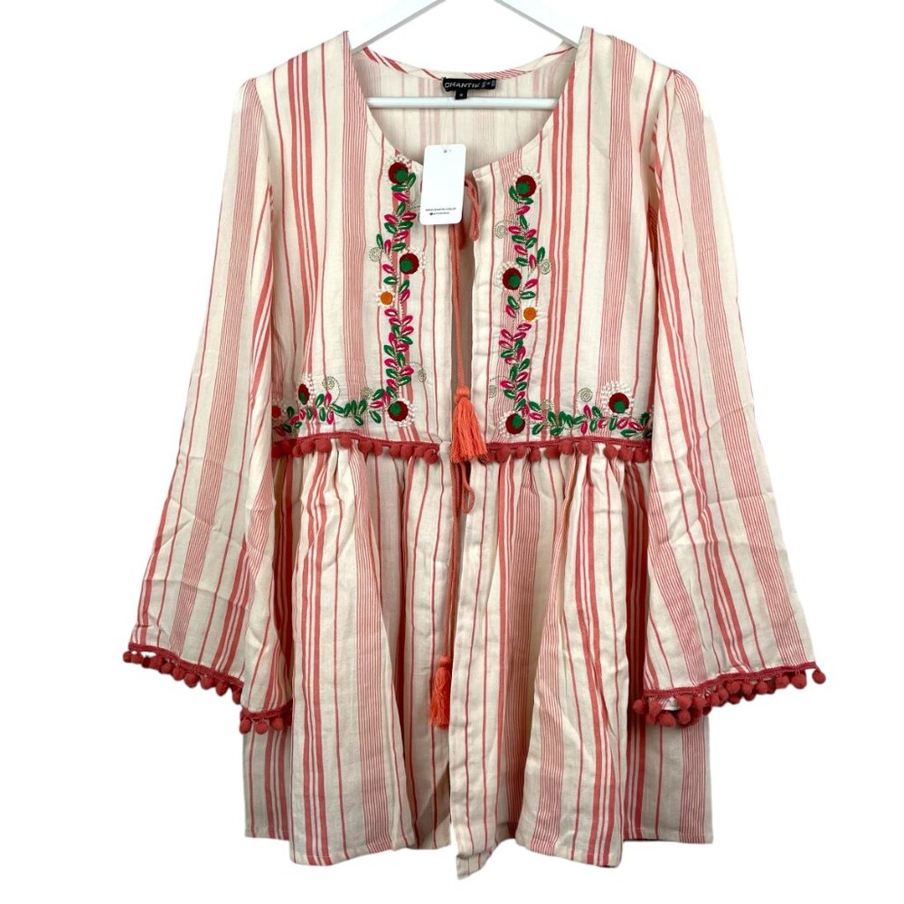 Anthropologie Chantik Sweater Womens S Pink Striped Boho Loose Tie Front Shrug